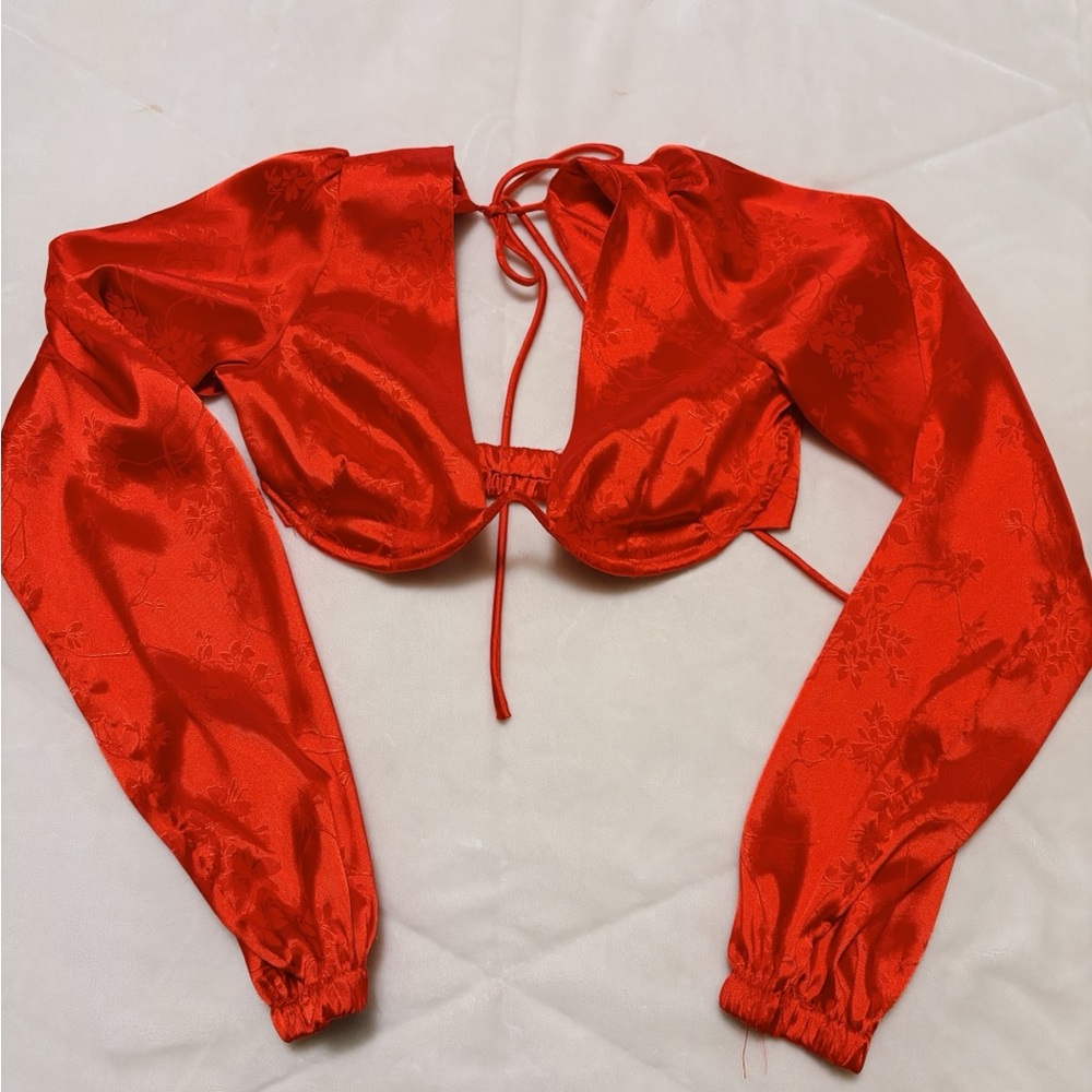 Edikted Red Satin Tie-Front Long Sleeve Crop Top